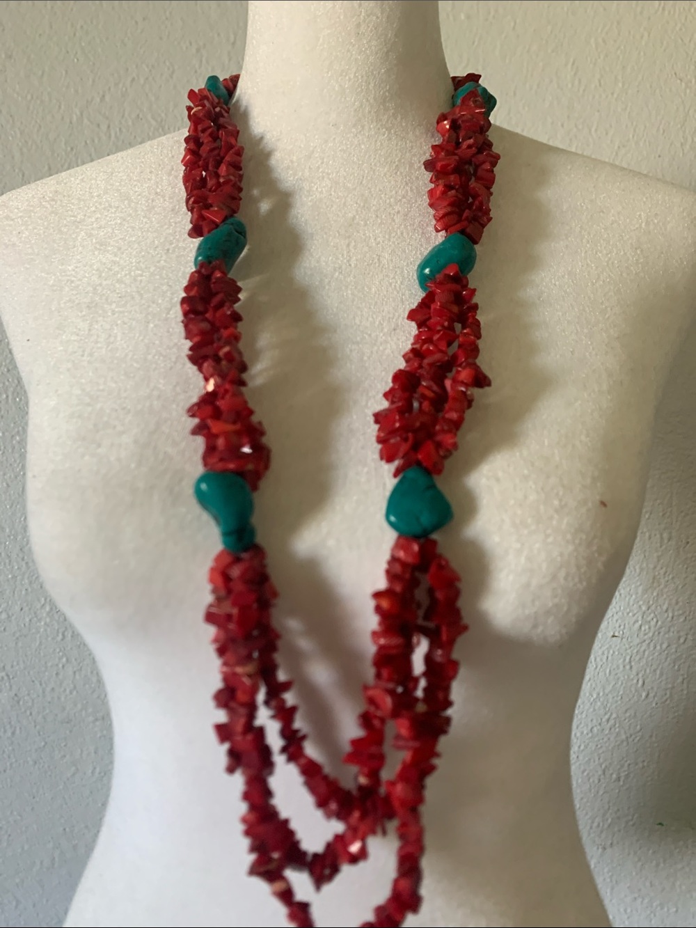 Coral and Turquoise Layered Chip Necklace - Women Jewelry 30”